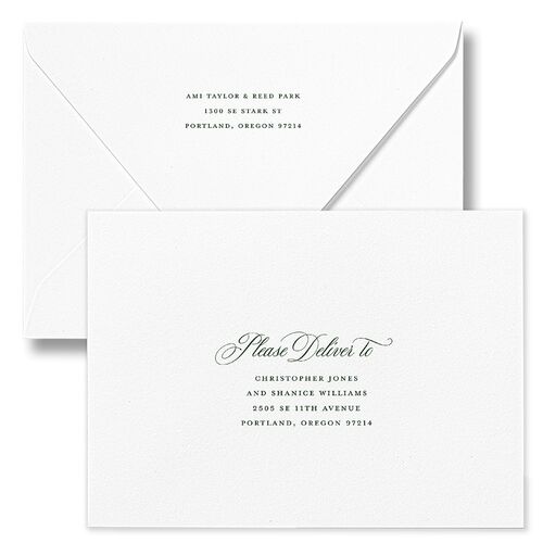 Grand Calligraphy Rehearsal Dinner Invitation Euro Envelopes White Hunter Green Both Recipient and Return Addresses Luxe Signature