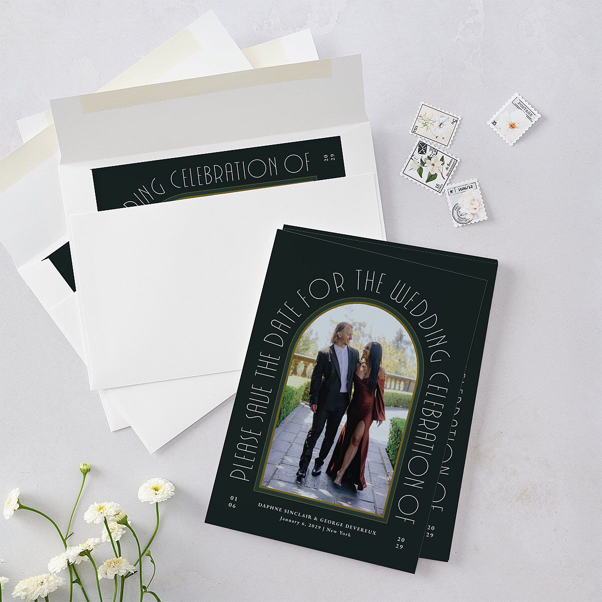 Gatsby Deco Arch Save the Date Cards Dark Emerald Signature smooth Blank No Standard