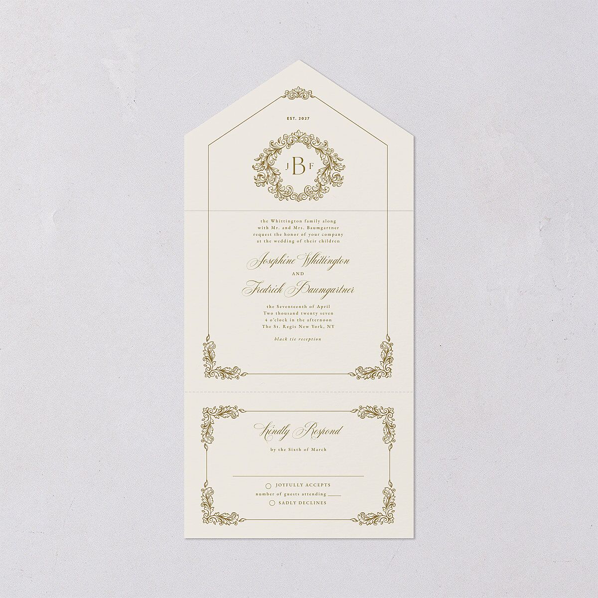Black Tie Crest All-in-One Wedding Invitations Umber Signature Light Both Recipient and Return Addresses No