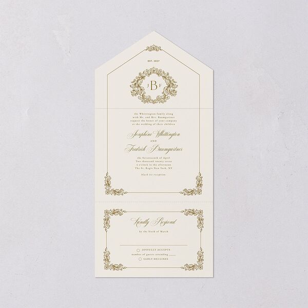 Black Tie Crest All-in-One Wedding Invitations Umber Signature Light Both Recipient and Return Addresses No