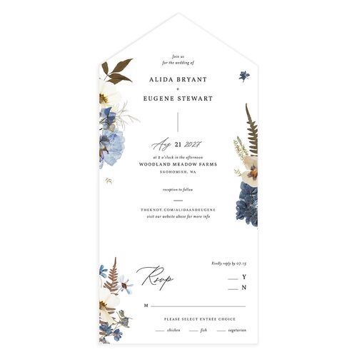 Pressed Flowers All-in-One Wedding Invitations Regency Blue Signature Light Both Recipient and Return Addresses No