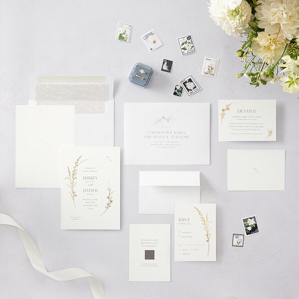 Minimal Wildflower Wedding Invitations Gold Off-White Signature Blank No Standard