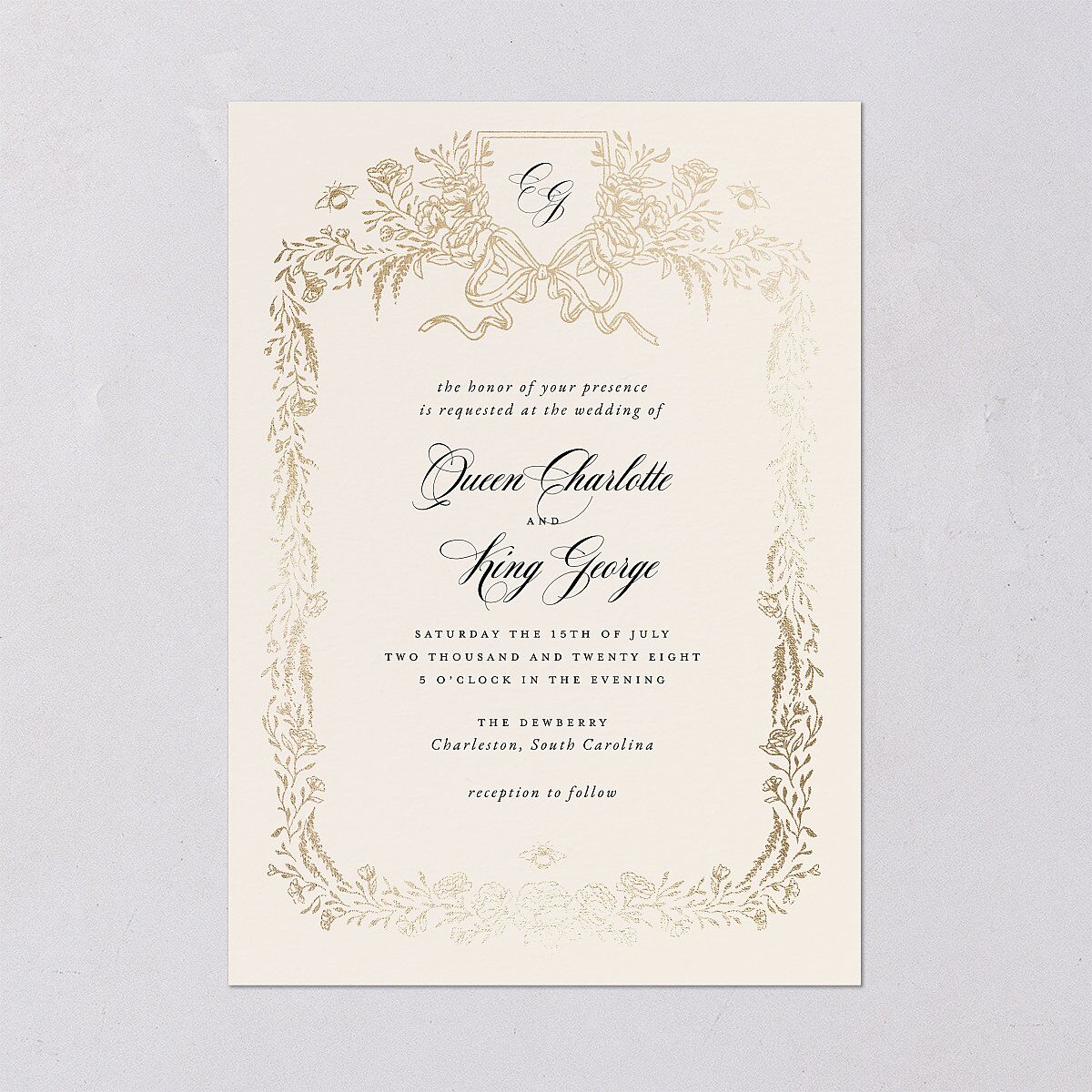 Rose Garden Crest Wedding Invitations by Bridgerton Gold Taupe Signature Blank No Standard