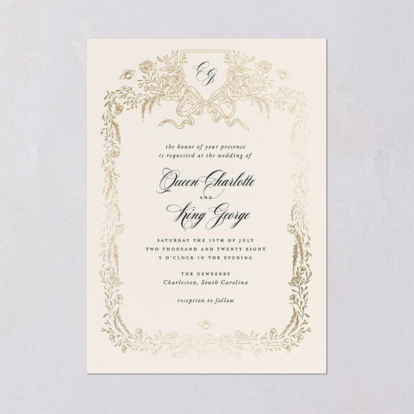 Rose Garden Crest Wedding Invitations by Bridgerton Gold Taupe Signature Blank No Standard