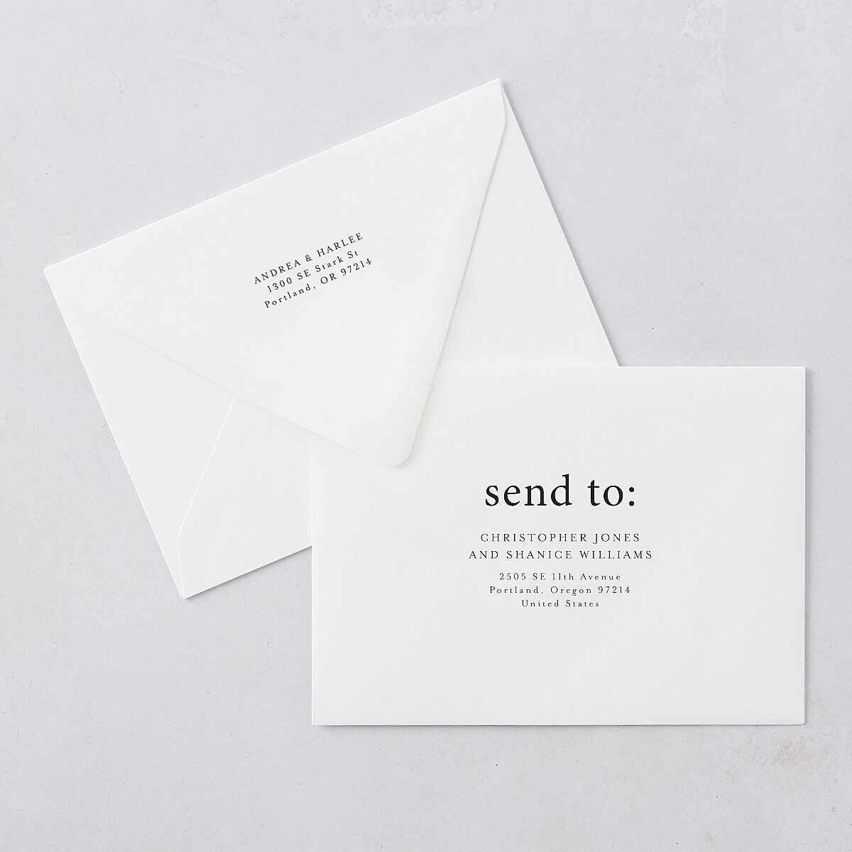 Timeless Photo Trio Save The Date Card Euro Envelopes White Linen Both Recipient and Return Addresses Luxe Signature