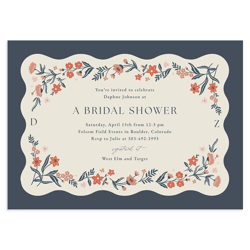 Flora Garden Border Bridal Shower Invitations Moody Blue Signature Blank Standard