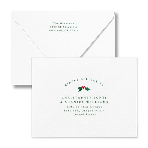 Classic Holiday Stripes Thank You Card Euro Envelopes White Jewel Green Both Recipient and Return Addresses Luxe Signature