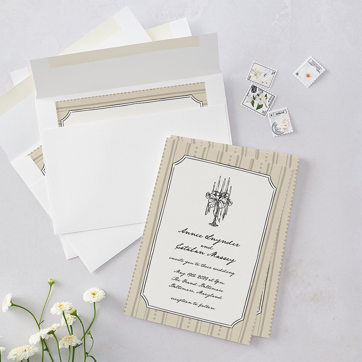 Vintage Candelabra with Bow Wedding Invitations Bisque Signature Blank No Standard