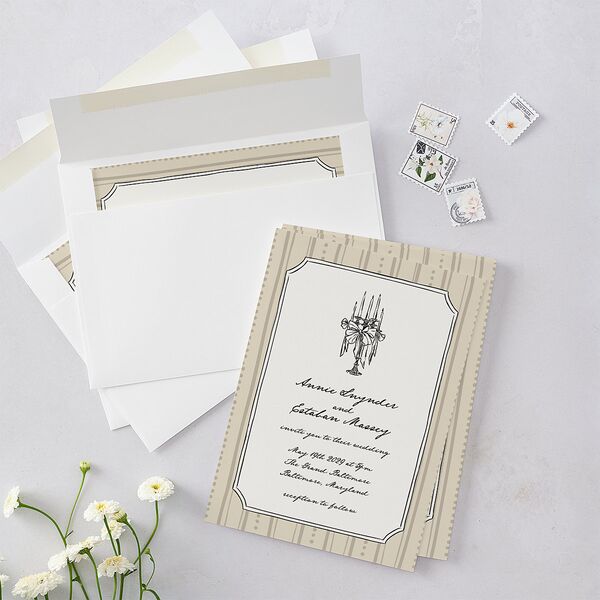 Vintage Candelabra with Bow Wedding Invitations Bisque Signature Blank No Standard