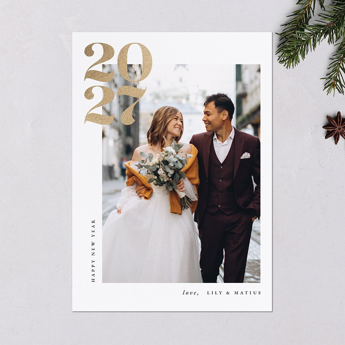 Bold Year Holiday Cards Gold Pure White Signature Blank Standard Portrait