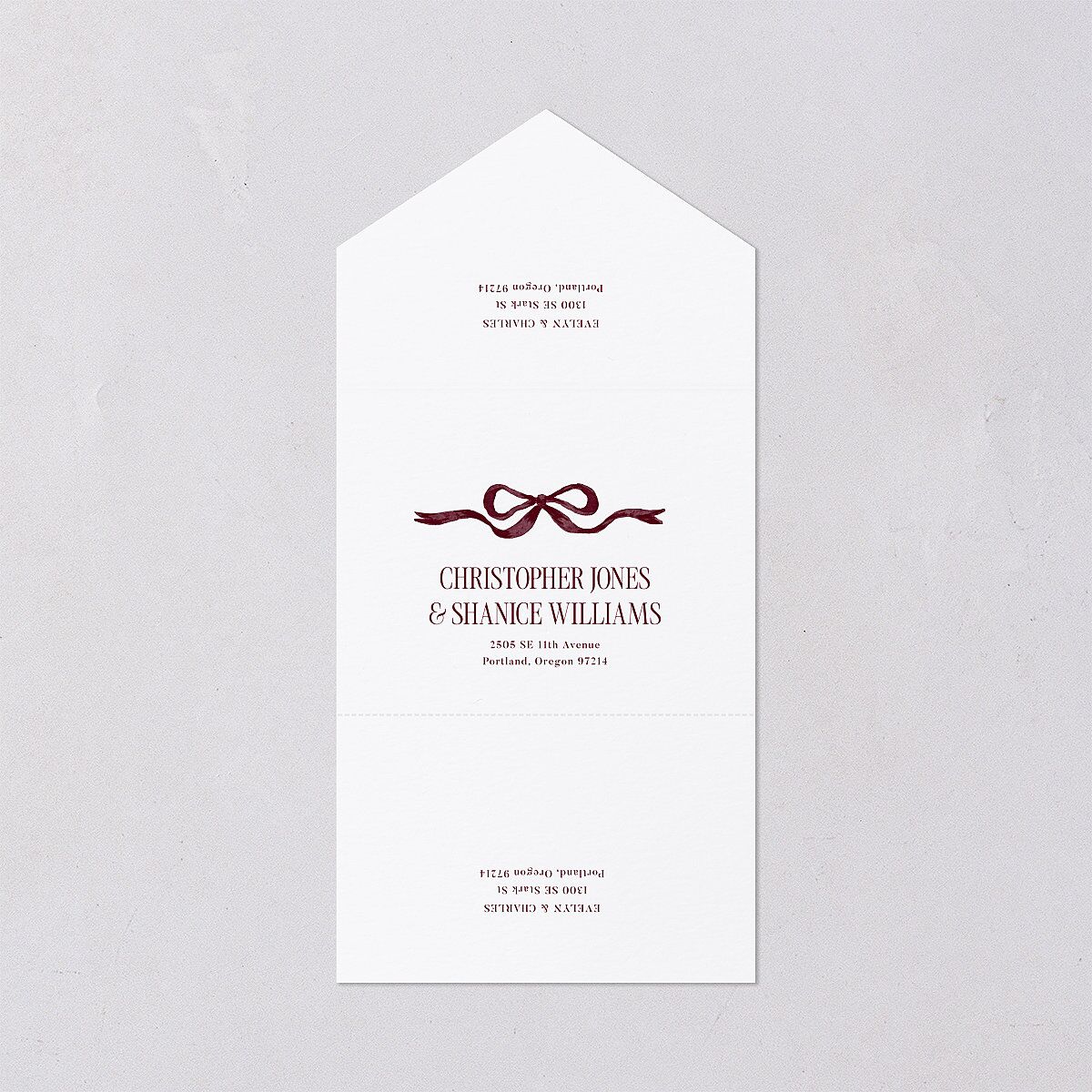 Whimsical Hand Drawn Bow All-in-One Wedding Invitations Burgundy Signature Light Both Recipient and Return Addresses No