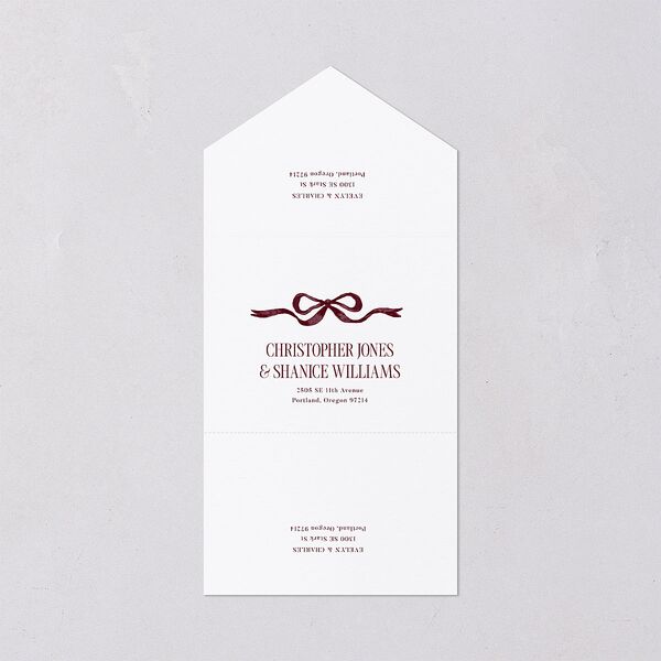 Whimsical Hand Drawn Bow All-in-One Wedding Invitations Burgundy Signature Light Both Recipient and Return Addresses No
