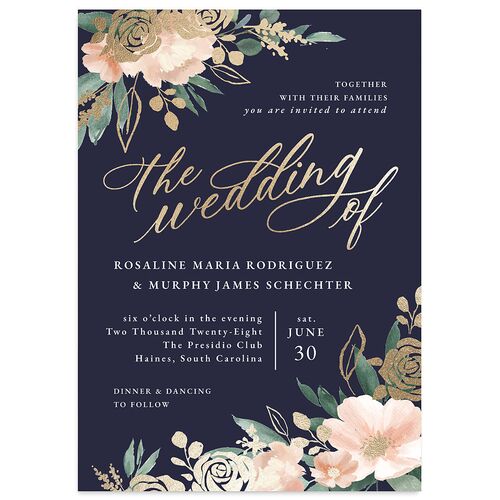 Exquisite Garden Wedding Invitations Gold Navy Signature Blank No Standard
