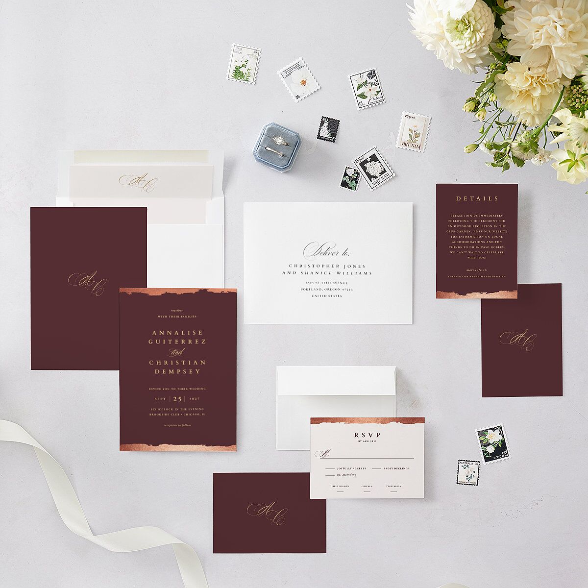 Elegant Edge Wedding Invitations Rose Gold Merlot Signature Blank No Standard