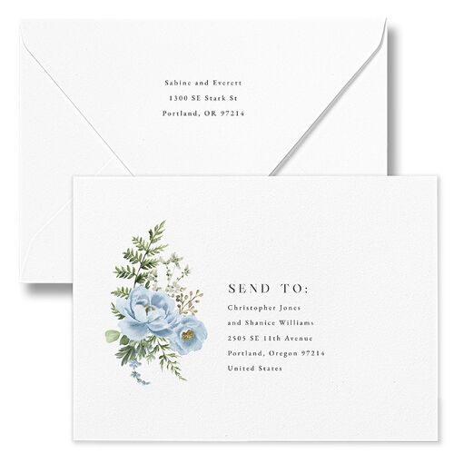 Floral Fern Frame Save The Date Card Euro Envelopes White Dusty Blue Both Recipient and Return Addresses Luxe Signature
