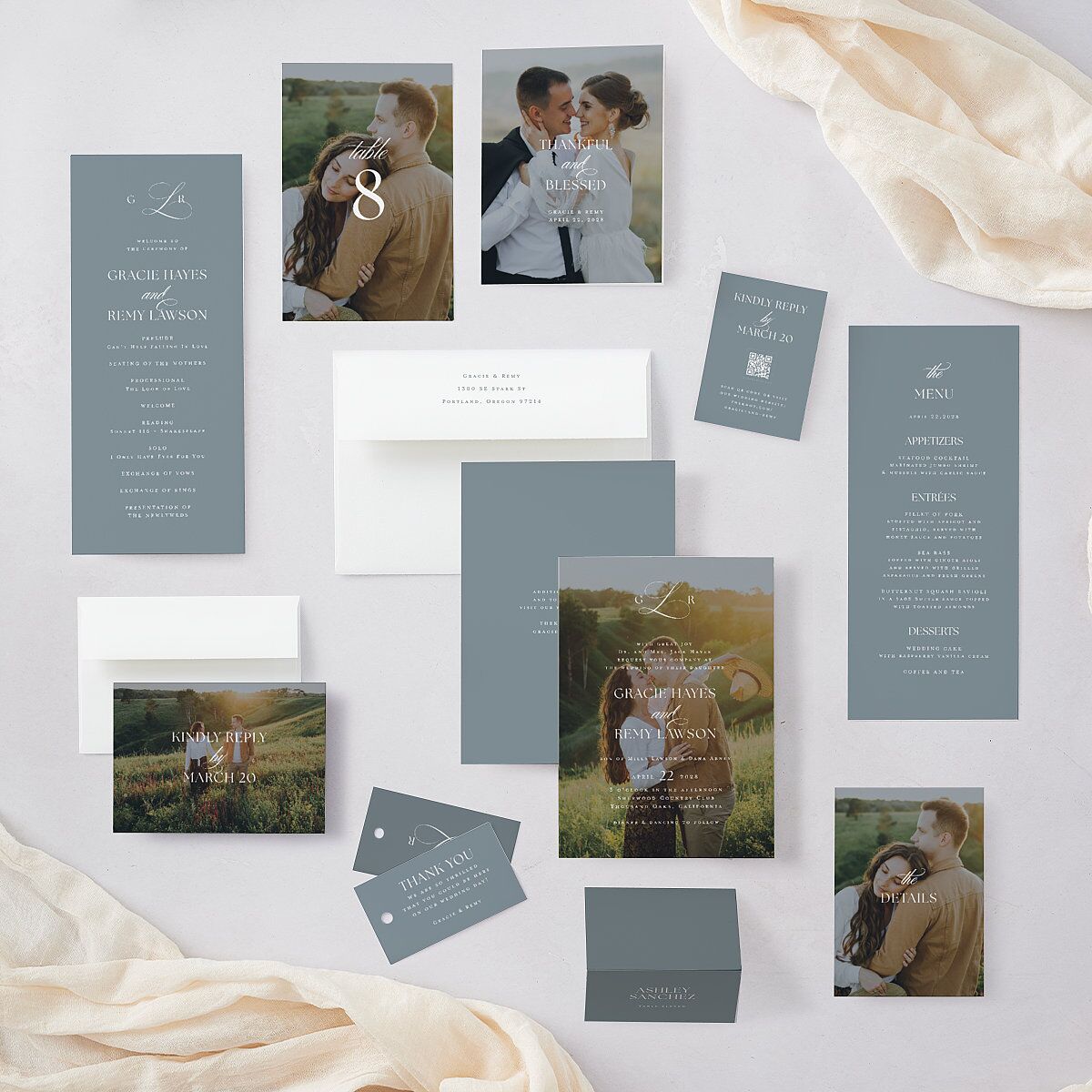 Classic Picture Photo Wedding Invitations Dusty Blue Signature Blank No Arch