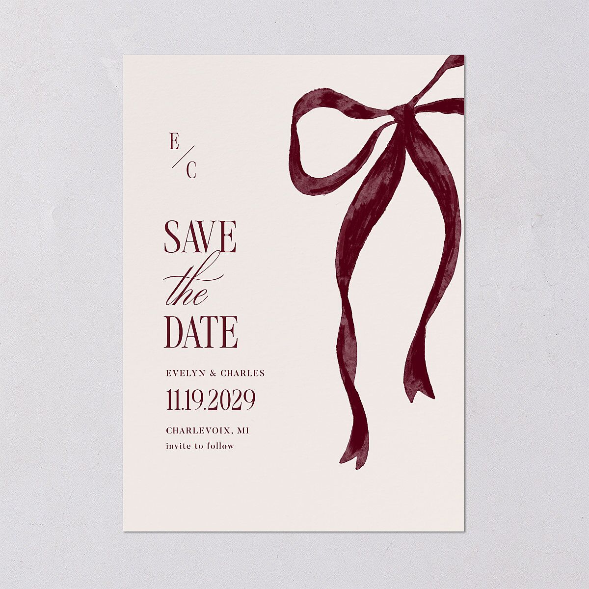 Whimsical Hand Drawn Bow Save the Date Cards Burgundy Signature smooth Blank No Standard
