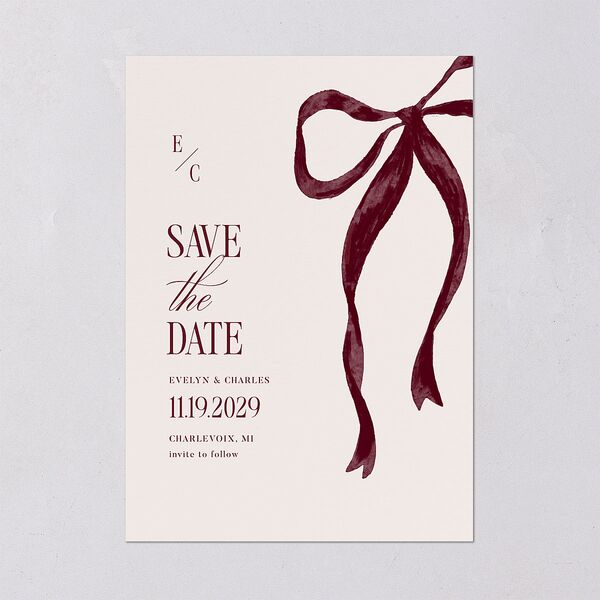 Whimsical Hand Drawn Bow Save the Date Cards Burgundy Signature smooth Blank No Standard