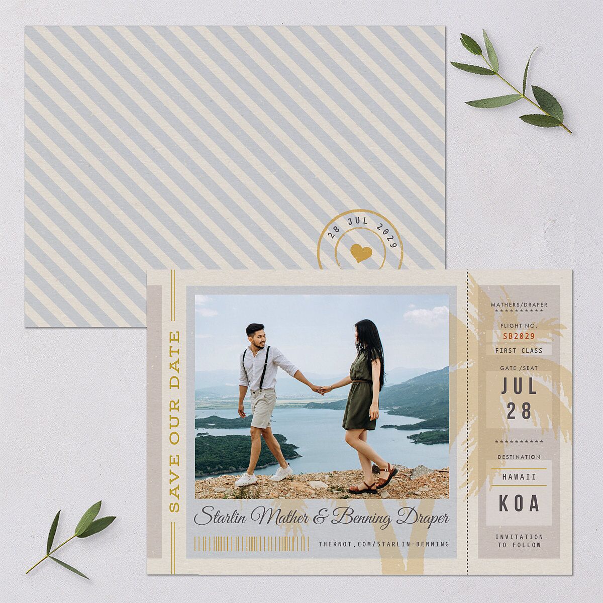 Retro Boarding Pass Travel Ticket Save The Date Cards Slate Signature smooth Blank No Standard