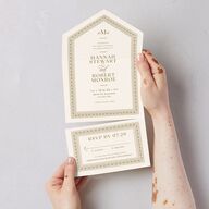 Antique Scallop Frame All-in-One Wedding Invitations Linen Signature Light Both Recipient and Return Addresses No