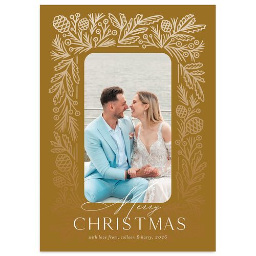 Pinecone Frame Holiday Cards Umber Signature Blank Standard Portrait