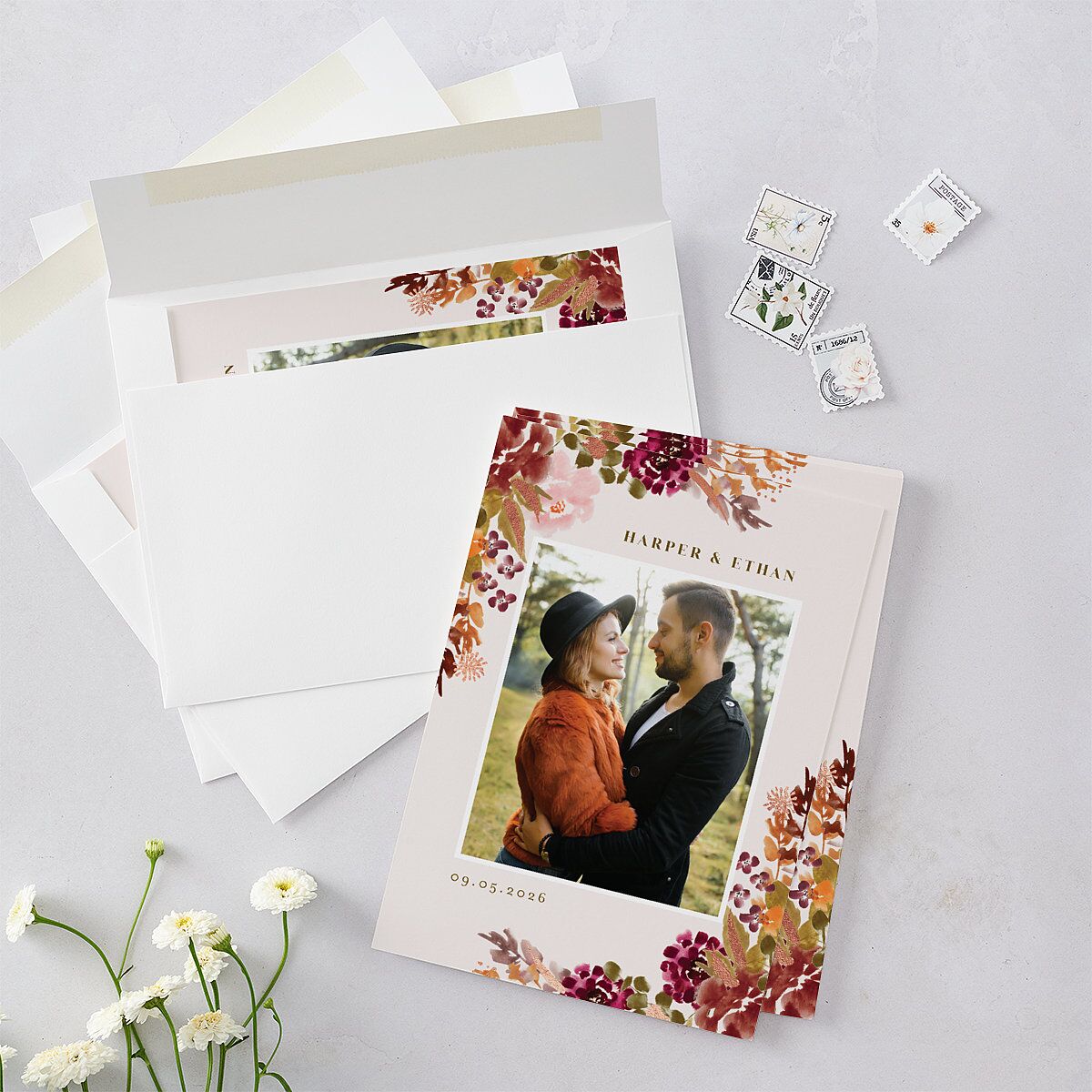 Fall Garland Save The Date Cards Rose Gold Peony Signature smooth Blank No Standard