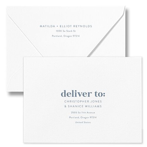 Photo Elopement Wedding Invitation Euro Envelopes White Dusty Blue Both Recipient and Return Addresses Luxe Signature