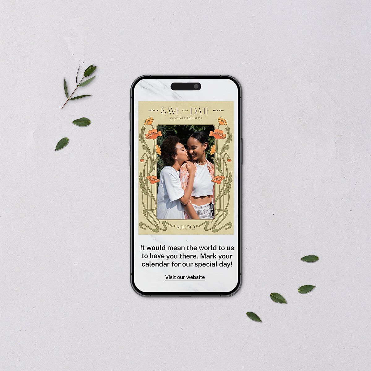 Vintage Nouveau Floral Digital Save the Date Cards Pear Dusty Blue Lets Celebrate Standard