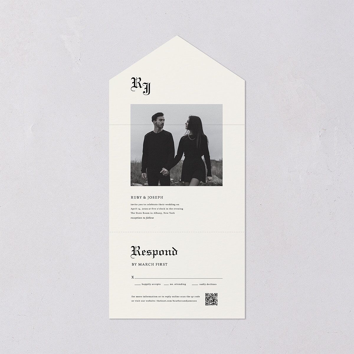 Minimalist Gothic Photo All-in-One Wedding Invitations Ivory Signature Light Both Recipient and Return Addresses No