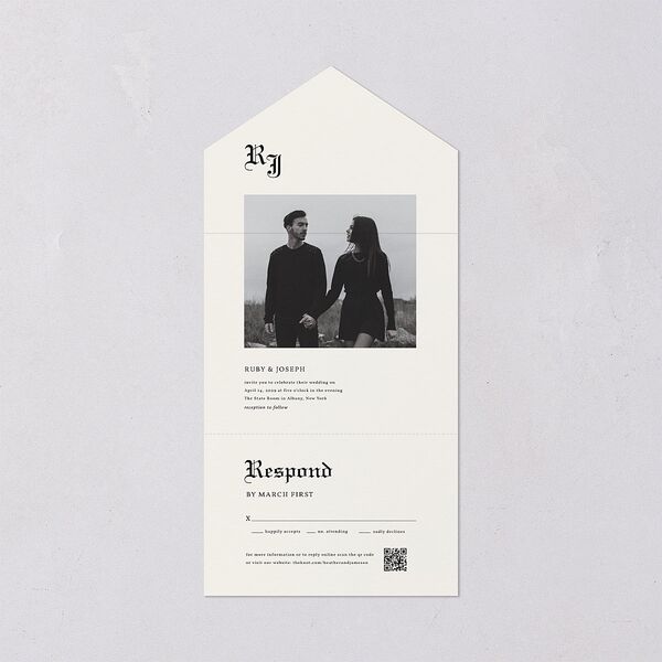 Minimalist Gothic Photo All-in-One Wedding Invitations Ivory Signature Light Both Recipient and Return Addresses No