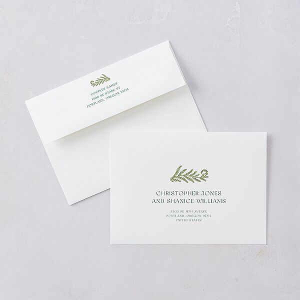 Woodland Whimsy Bridal Shower Invitation Envelopes White Standard Hunter Green Both Recipient and Return Addresses Signature