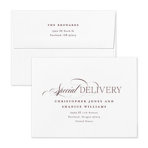 Meet the Newlyweds Thank You Card Envelopes White Burgundy Both Recipient and Return Addresses Signature Standard