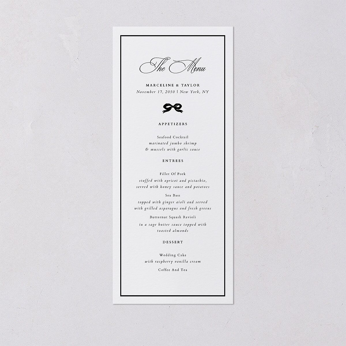 Classic Champagne with Bows Menus Pure White Signature