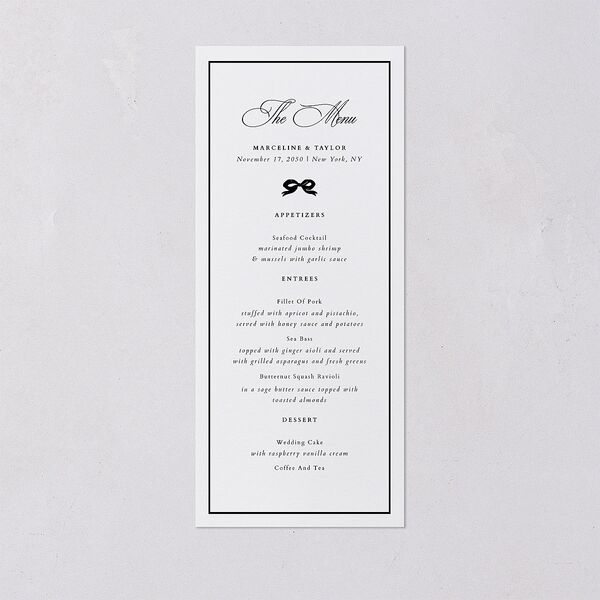 Classic Champagne with Bows Menus Pure White Signature