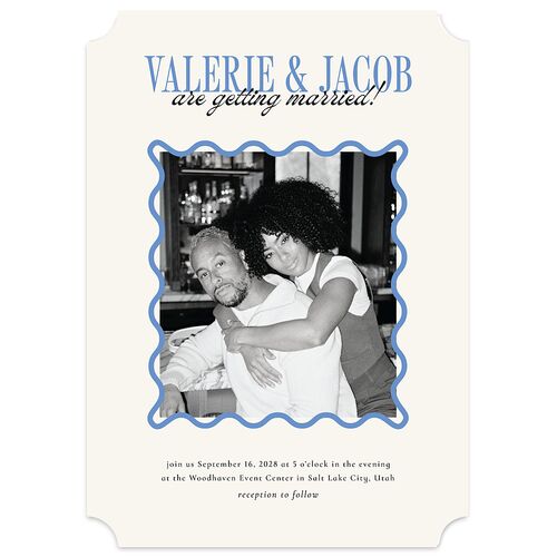Wavy Frame Photo Wedding Invitations Sea Blue Signature Blank No Ticket