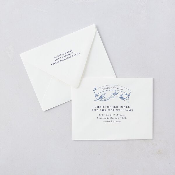 Vintage Toile Save the Date Petite Card Euro Envelopes White Luxe Sapphire Both Recipient and Return Addresses