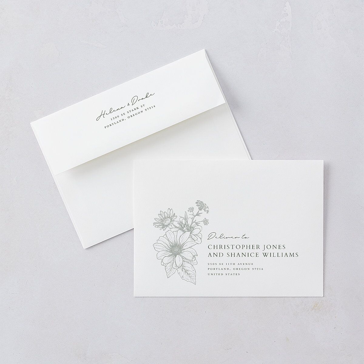 Rustic Botanical Frame Wedding Invitation Envelopes Moss White Both Recipient and Return Addresses Standard Signature