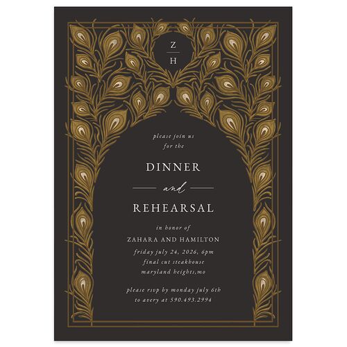 Peacock Nouveau Rehearsal Dinner Invitations Charcoal Signature Blank Standard
