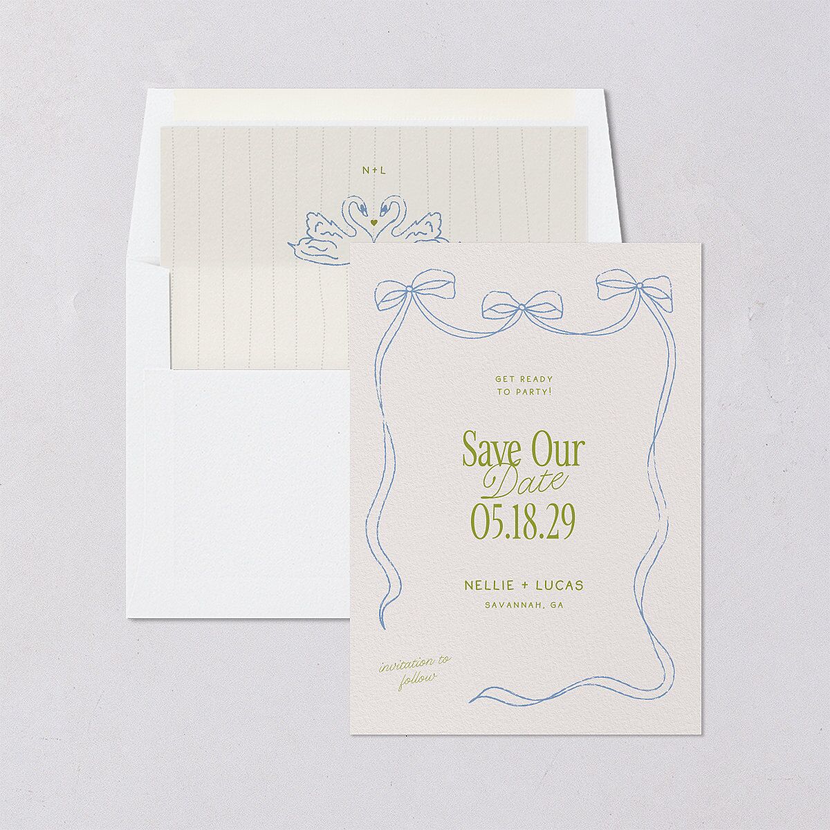 Modern Delicate Bows Save the Date Cards Peridot Signature smooth Blank No Standard
