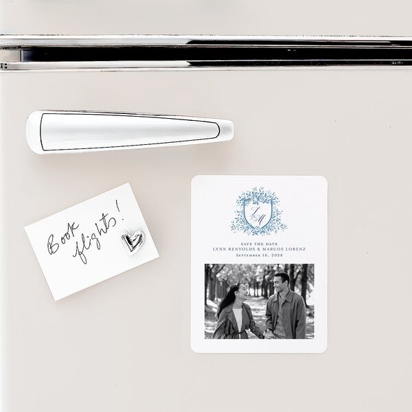 Rose Crest Photo Save The Date Magnets Regency Blue Magnet Paper