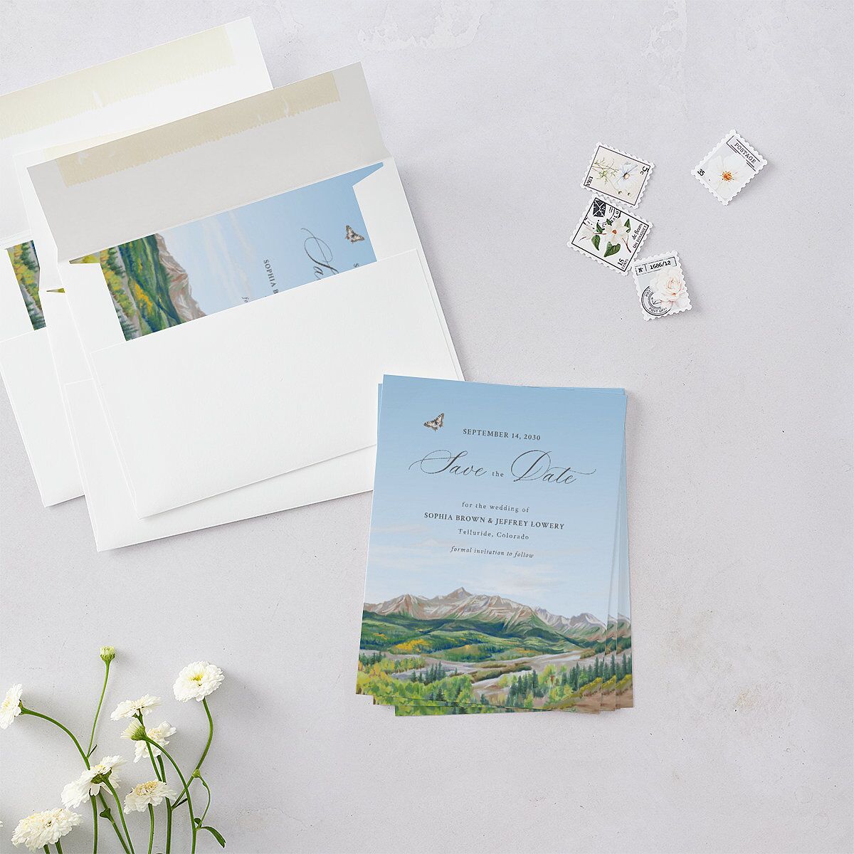 Romantic Floral Mountain Save the Date Petite Cards Meadow Signature smooth Blank No Standard