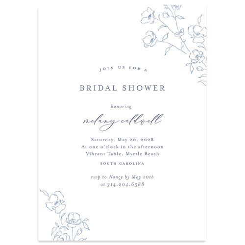 Floral Adornment Bridal Shower Invitations Dusty Blue Signature smooth Blank Standard