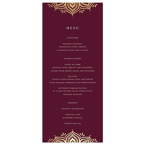 Indian Gilded Adornment Menus Gold Burgundy Signature