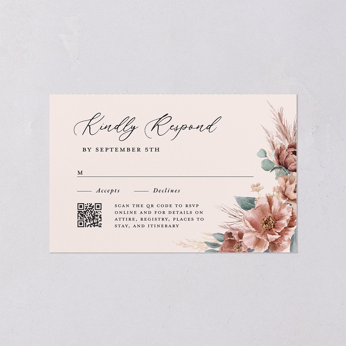 Pampas and Eucalyptus Floral All-in-One Wedding Invitations Desert Rose Signature Light Both Recipient and Return Addresses No