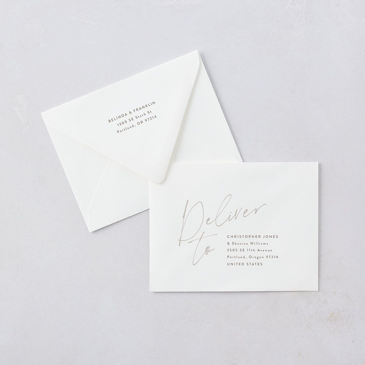 Modern Script Names Save the Date Petite Card Euro Envelopes White Shadow Gray Both Recipient and Return Addresses Luxe Signature