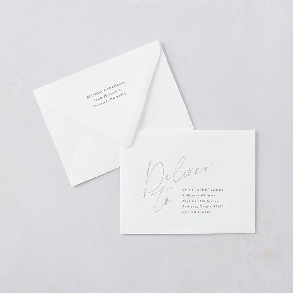 Modern Script Names Save the Date Petite Card Euro Envelopes White Shadow Gray Both Recipient and Return Addresses Luxe Signature