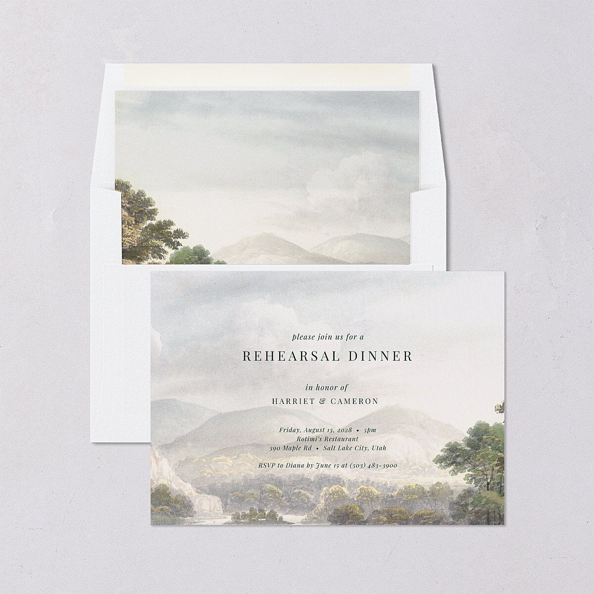 Vintage Landscape Rehearsal Dinner Invitations Dark Green Signature Blank