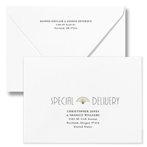 Gatsby Deco Arch Save The Date Card Euro Envelopes White Dark Emerald Both Recipient and Return Addresses Luxe Signature