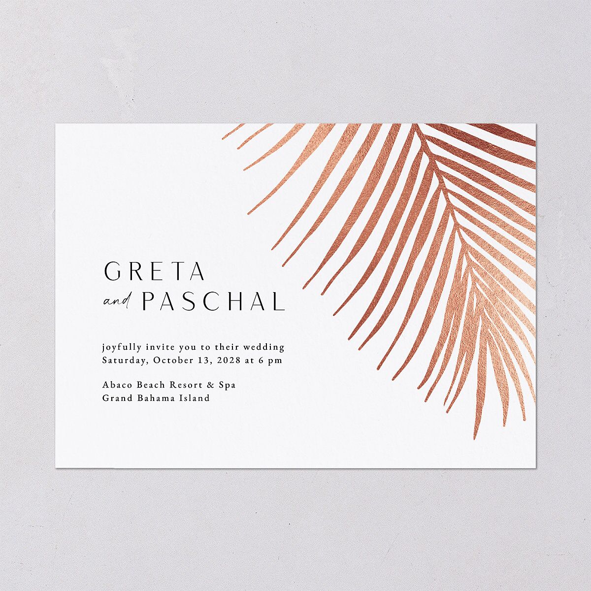 Lavish Palm Wedding Invitations Rose Gold Pure White Signature Blank No Standard