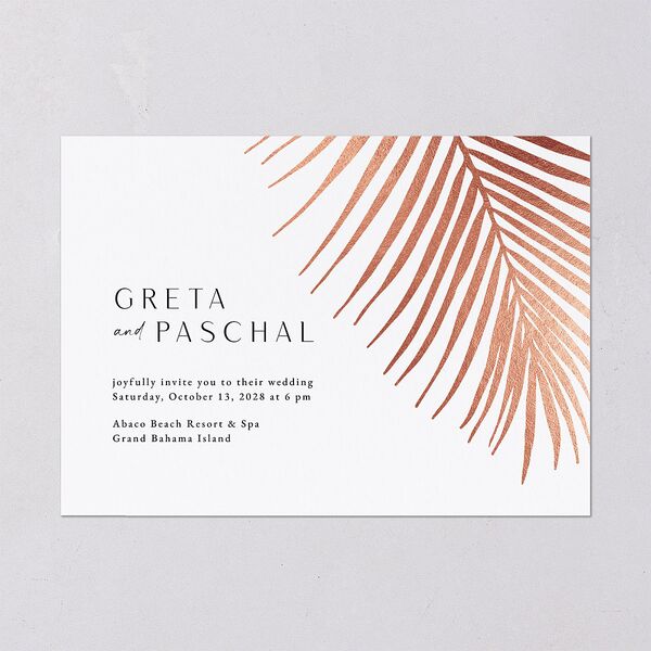 Lavish Palm Wedding Invitations Rose Gold Pure White Signature Blank No Standard